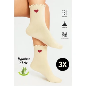 Bamboo Star Bambu Kadın Krem Fırfırlı Lastiksiz Dikişsiz Kadın Soket 3lü Krem Çorap/ Iz Bırakmaz / Sıkmayan Çorap