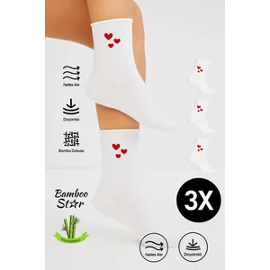 Bamboo Star Bambu Kadın Beyaz Lastiksiz Soket Dikişsiz Premium 3 Kalp Desenli Çorap 3'lü Paket Sıkmayan Çorap / Iz Bırakmaz