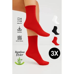 Bamboo Star Bambu Kadın Kırmızı Lastiksiz Soket Dikişsiz Premium Çorap 3'lü Paket Sıkmayan Çorap / Iz Bırakmaz