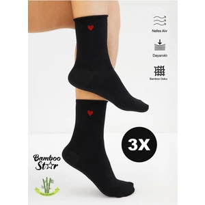 Bamboo Star Bambu Kadın Siyah Lastiksiz Soket Dikişsiz Premium Kalp Desenli Çorap 3'lü Paket Sıkmayan Çorap / Iz Bırakmaz
