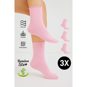Bamboo Star Bambu Kadın Pembe Lastiksiz Soket Dikişsiz Premium Pembe Çorap 3'lü Paket Sıkmayan Çorap / Iz Bırakmaz
