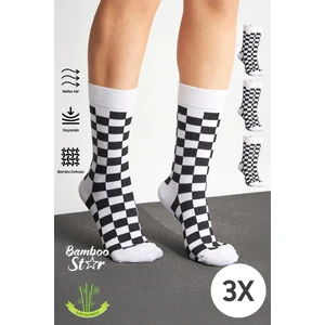Bamboo Star Bambu Kadın Soket Dikişsiz Premium Çorap Siyah -Beyaz Kare Desenli 3'lü Paket Sıkmayan Çorap / Iz Bırakmaz