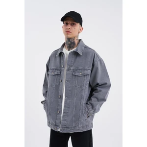 Erkek Oversize Cepli Yıkamalı Denim Ceket Gri