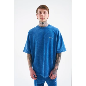 Erkek Luxury Basic Yıkamalı Oversize Tişört Indigo Efektli