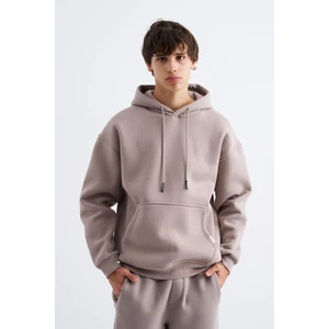 Erkek Oversize Basic Kapüşonlu Sweatshirt Açık Gri