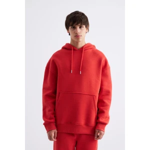 Erkek Oversize Basic Kapüşonlu Sweatshirt Kırmızı