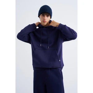 Erkek Oversize Basic Kapüşonlu Sweatshirt Gece Mavisi
