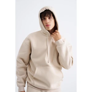 Erkek Oversize Basic Kapüşonlu Sweatshirt Açık Bej