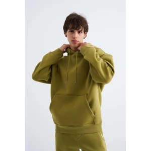 Erkek Oversize Basic Kapüşonlu Sweatshirt Yeşil