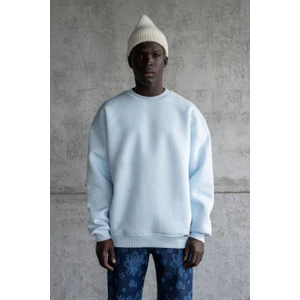 Erkek Basic Bisiklet Yaka Oversize Sweatshirt Açık Mavi