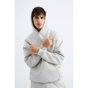 Erkek Oversize Basic Kapüşonlu Sweatshirt Uzay Grisi