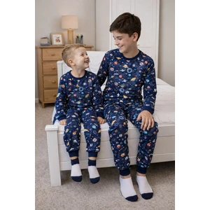 Gezegen Desenli %100 Pamuk Lacivert Çocuk Pijama Takımı