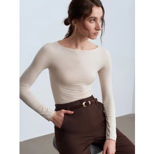 32122 Kayık Yaka Modal Kaşmir Ultra Hafif Bluz-Taş