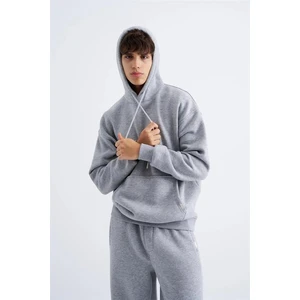 Erkek Oversize Basic Kapüşonlu Sweatshirt Gri Melanj