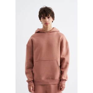 Erkek Oversize Basic Kapüşonlu Sweatshirt Bakır