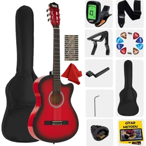 CG-395RD Kırmızı Renk Kesik Klasik Gitar 4/4 Yetişkin Boy Sap Ayarlı Full Set