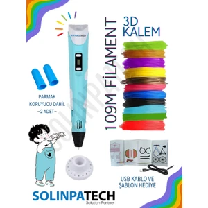 MAVİ 3D Pen Üç Boyutlu Yazıcı Kalem Printer (Çok Renkli Filament -109 Metre- ve USB Kablo Dahil)