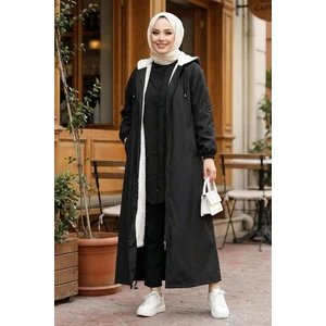 Kadın Kapüşonlu Fermuarlı Cepli Siyah Bondit Mont