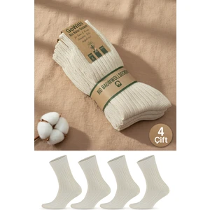 4 Çift Kadın Erkek Ekru Bio Naturel %100 Doğal Pamuklu Ribana Örgü Dikişsiz Soket Çorap 3013
