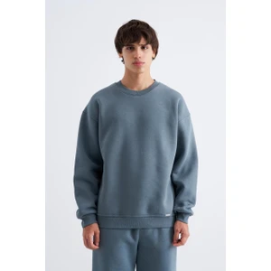 Erkek Basic Bisiklet Yaka Oversize Sweatshirt Mavi Duman