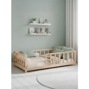 KFB610 Doğal Ahşap Montessori Çocuk Karyolası – 80X160 cm Yer Yatağı, Kenar Korumalı, Masif Çam