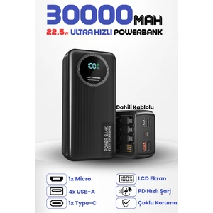 30.000 Mah 22.5W Hızlı Şarj Destekli Dahili Kablolu Taşınabilir  Batarya Powerbank