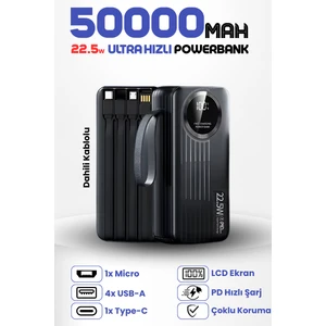 50.000 Mah 22.5W Hızlı Şarj Destekli Dahili Kablolu Taşınabilir  Batarya Powerbank