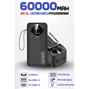60.000 Mah 22.5W Hızlı Şarj Destekli Dahili Kablolu Taşınabilir  Batarya Powerbank