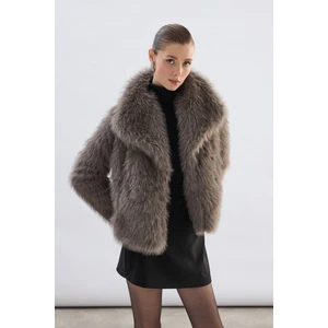 Geniş Yakalı Simli Kürk - Füme