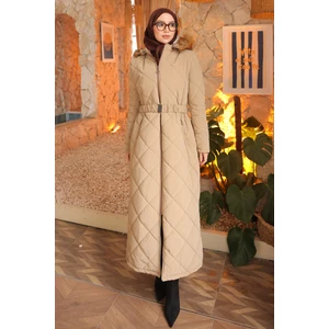 İmaj Butik Açık Vizon Kapüşonlu Kapitone Uzun Şişme Mont