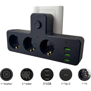 Akım Termal Çocuk Korumalı 3x USB 1x Type-C Girişli 3lü Priz