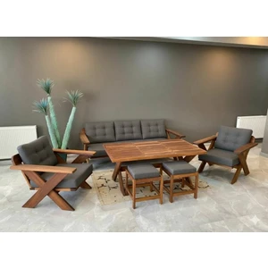 Zerka Concept Verona Masif Ahşap Bahçe Balkon Koltuk Takımı Kestane Ağacı 3+1+1 Koltuk, Masa ve Puf Takımı Gri Renk