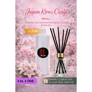 De Parfum Japon Kiraz Çiçeği Kokulu Oda Kokusu 1 Litre Yedek Dolum Şişesi + 115 ml Cam Şişe ve Bambu Çubuk