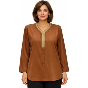 Rahat Kesim V Yaka Kahverengi Anne Kadın Penye Bluz