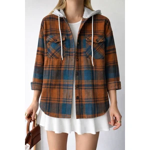 Kadın Desenli Renkli Oduncu Oversize Bol ve Geniş Kalıp Casual Çift Kapüşonlu Ceket Gömlek