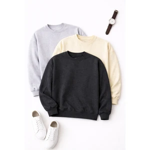 Polo State Erkek Uzun Kollu Basic Oversize 3 Lü Sweatshirt Antrasit Krem Kar Melanj