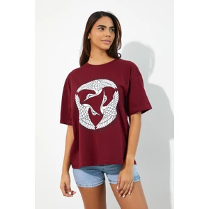 Polo State Kadın Baskılı Oversize T-shirt Bordo