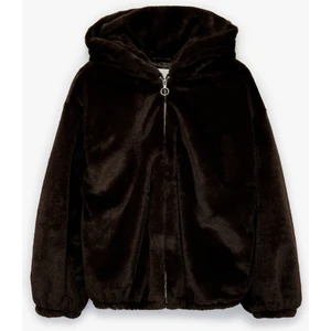 Kapüşonlu Fermuarlı Suni Kürk Ceket