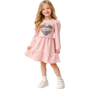 Kali Kids Kız Çocuk Penye Pembe Baskılı Pamuklu Volanlı Elbise