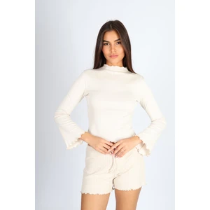 Bej Balıkçı Yaka Baby Overlok Dikişli Bluz