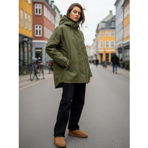 Kapüşonlu Basic Önü Fermuarlı Yeşil Mont