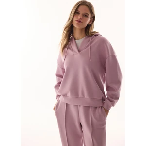 Lila V Yaka Oversize Kapüşonlu Sweatshirt