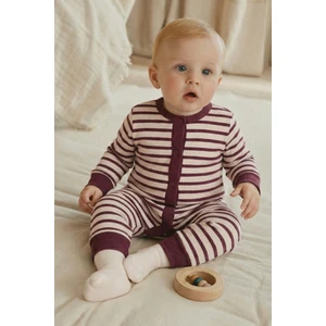 Çizgili Triko Tulum 0-3 Yaş Mürdüm