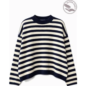 7016 Kadın Çizgili Oversize Basic Triko Kazak Lacivert