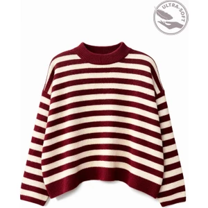 7016 Kadın Çizgili Oversize Basic Triko Kazak Bordo