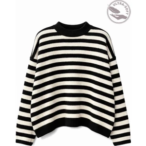 7016 Kadın Çizgili Oversize Basic Triko Kazak Siyah