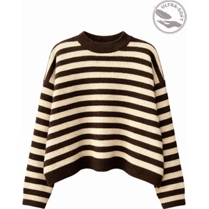 7016 Kadın Çizgili Oversize Basic Triko Kazak Kahve