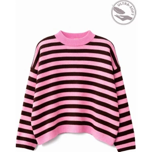 7016 Kadın Çizgili Oversize Basic Triko Kazak Pembe