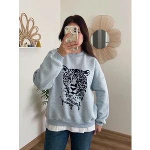 Nihanello Butik Kaplan Figürlü Mavi Melanj Sweatshirt