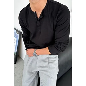 Siyah Basic Fitilli Düğmeli Yaka Relax Fit Uzun Kollu Tişört